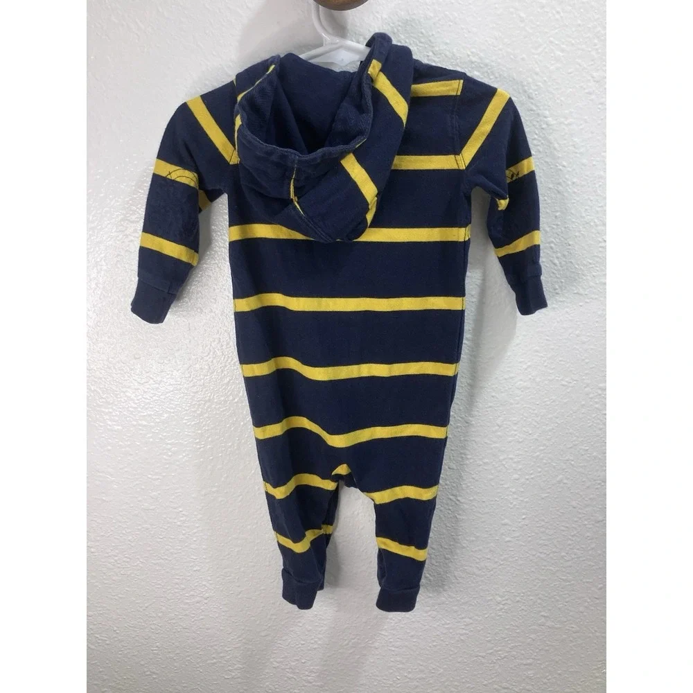 Ralph Lauren Baby Romper One-Piece Hooded Rugby Navy Yellow Stripe Size 6 Months